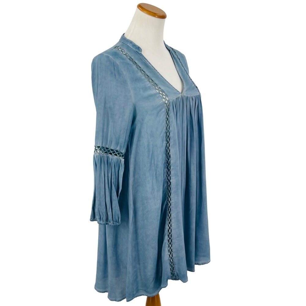 Dusty Blue Crochet Trim Relaxed Tunic Mini Shirt Dress | Coastal Cowgirl Boho S - Picture 7 of 11
